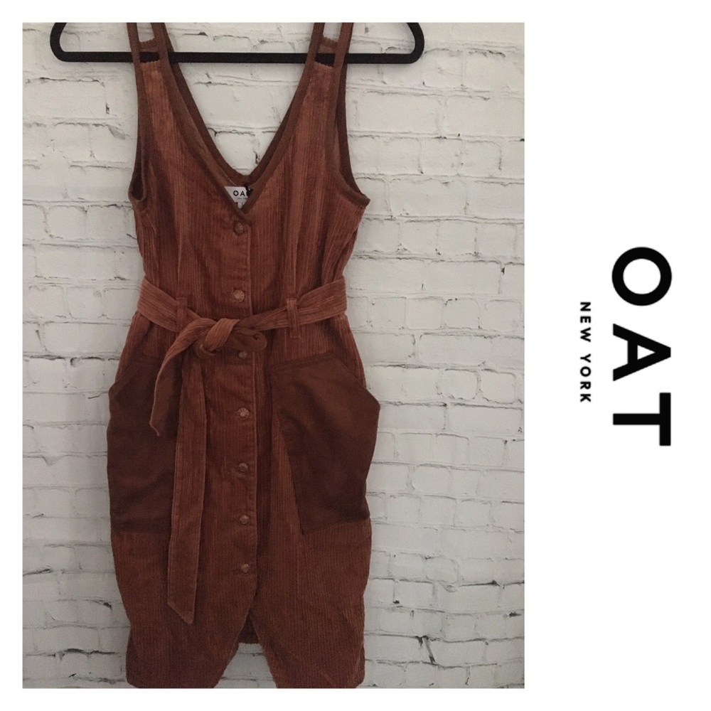 OAT New York Rust-Brown Corduroy Button Midi Dress with Tie Belt
